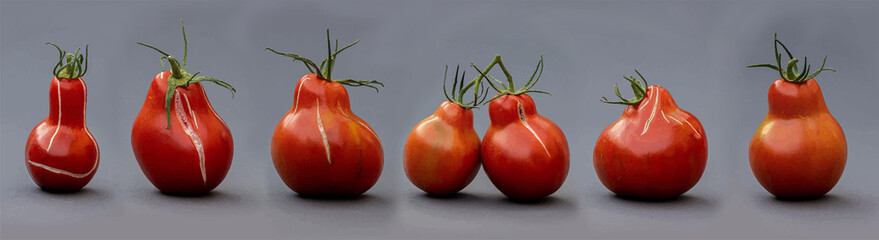 collection de tomates paysannes anciennes avec des formes étranges sur fond bleu - obrazy, fototapety, plakaty