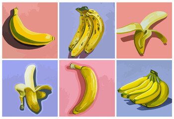 collection de bananes dans un style pop art flat design sur fond bleu et rose - obrazy, fototapety, plakaty