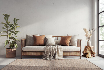 Wabi sabi style interior with copy space on the limewash wall background. Wall mockup, 3d rendering  