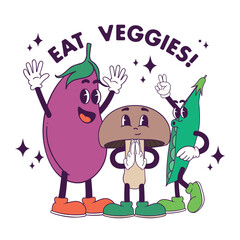 Eat veggies! Vector cartoon illustration of cheerful vegetable mascots with an appeal to add more vegetables to the diet