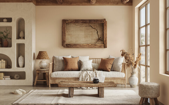 Warm wabi sabi style interior with clay niche, beige walls and ethnic home decor. Wall mockup, 3d rendering 
