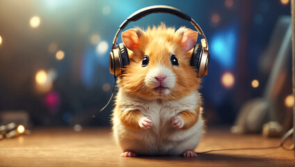Cute cartoon hamster in headphones - obrazy, fototapety, plakaty