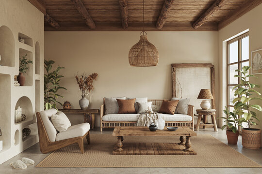 Warm wabi sabi style interior with clay niche, beige walls and ethnic home decor. Wall mockup, 3d rendering 
