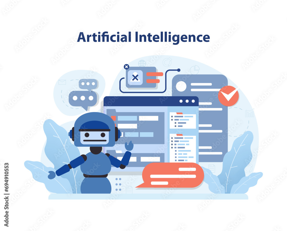 Poster artificial intelligence concept. robotic assistant presents data analysis and machine learning solut