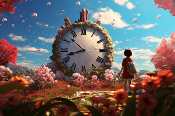 flowers and clock, spring time, summer time concept 