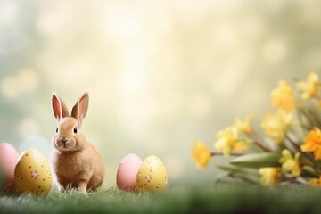 Fototapeta na wymiar Easter bunny and eggs and yellow flowers on sunny background, copy space