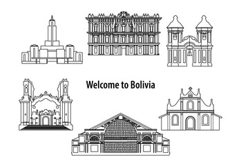 Bundle of bolivia famous landmarks by silhouette outline style,vector illustration