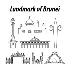 Bundle of Brunei famous landmarks by silhouette outline style,vector illustration
