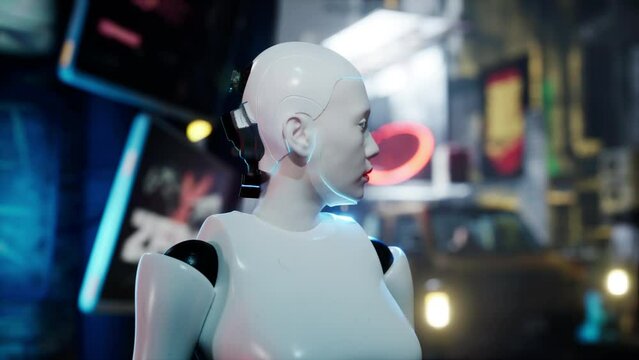 female robot walking along a street in a big city. humanoid AI robot crossing street. 3d render. future automation job.