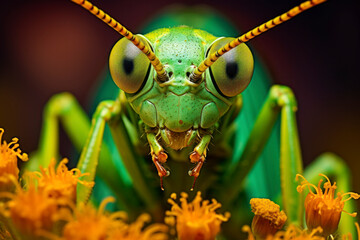 Grasshopper portrait, close-up of its intricate eyes and antennae, the insect perched on a wildflower, capturing the delicate and curious features of this fascinating creature.
