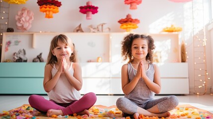 Kids practicing the Garland Pose (Malasana) in a bright and colorful studio