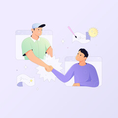 Businecc concept illustration. Partnership, teamwork and communication. Partners negotiate collaboration and sign the contract online remotely.