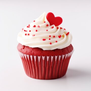Red Velvet Cupcake with Cream Cheese Icing and Fondant Heart on a White Background for Valentines Day Theme