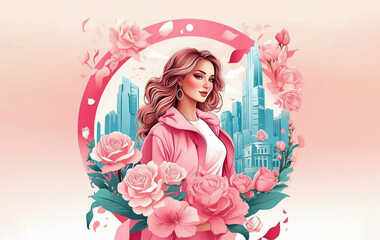 Women’s Day Card With Flowers, City, and Fashion Woman, Bright Warm Colours Background