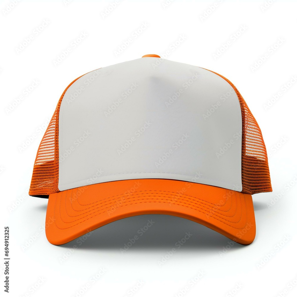 Wall mural Orange and white trucker hat mockup, Front view