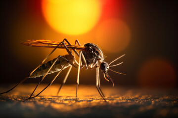 Mosquito on a summer night, close-up of the insect perched on a skin surface, illuminated by the soft glow of moonlight, emphasizing the nuisance of these nocturnal creatures.