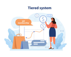 Tiered system concept. Woman analyzes financial growth, aiming for VIP membership in shopping platform. Navigating through customer levels, maximizing savings. Flat vector illustration