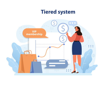 Tiered system concept. Woman analyzes financial growth, aiming for VIP membership in shopping platform. Navigating through customer levels, maximizing savings. Flat vector illustration