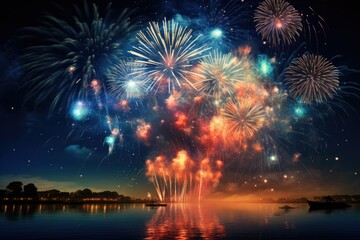 Fototapeta na wymiar Spectacular fireworks display over beautiful river, fireworks over night river sky, holiday background, bright colorful lights Ai generated