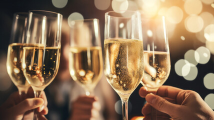 Celebration party or holiday party. Person holding glasses of champagne making a toast. Champagne, wine, drink, celebrate, alcohol, party, toasting, happy,  success, clink, friendship