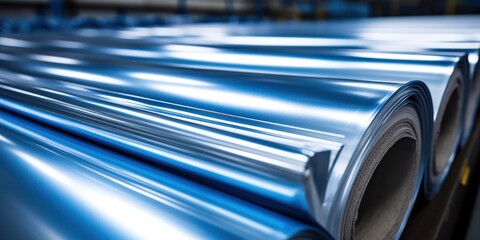 Metallic sheen of rolled aluminum dominates a warehouse, ready for production. - obrazy, fototapety, plakaty