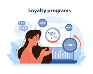 Fototapeta na wymiar Market penetration concept. Enthusiastic woman engaging with loyalty programs on her smartphone. Earning bonuses. Strengthening customer retention. Boosting sales. Flat vector illustration.