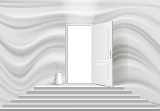 A 3D model of a staircase, a structural wall and an open door.
Vector illustration, monochrome.