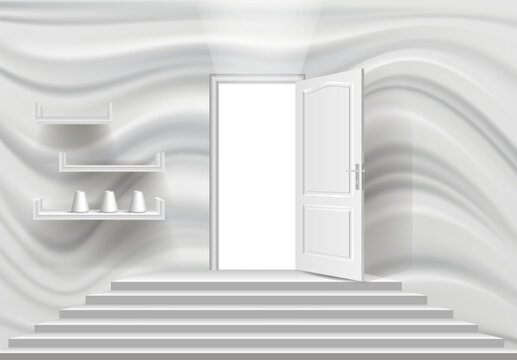 A 3D model of a staircase, a structural wall and an open door.
Vector illustration, monochrome.