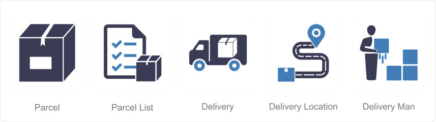 A set of 5 Mix icons as parcel, parcel list, delivery 