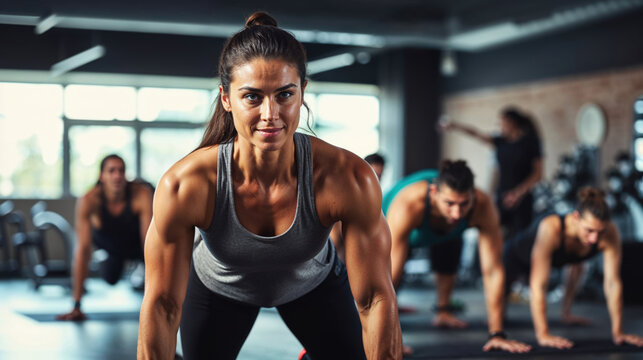 Dedicated Female Fitness Instructor Coaching a High-Intensity Workout Class