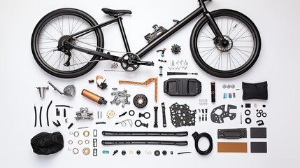 flat-lay photography ,knolling of Components of a bicycle on white background, - obrazy, fototapety, plakaty