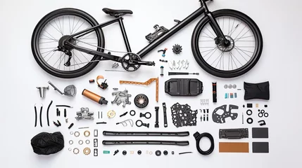 Fotobehang flat-lay photography ,knolling of Components of a bicycle on white background, © kittikunfoto