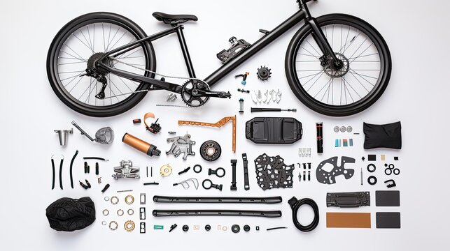 flat-lay photography ,knolling of Components of a bicycle on white background,