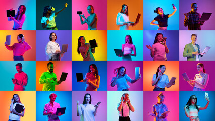 Collage. Different young people, men and women using different gadgets over multicolored background...