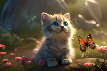 Smiling kitten with butterflies in the forest. - obrazy, fototapety, plakaty