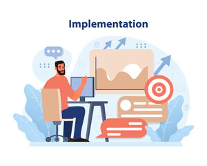 Efficient implementation in action. Man at computer visualizing growth, hitting performance target, and analyzing charts. Strategy realization, project execution, goal attainment. vector illustration