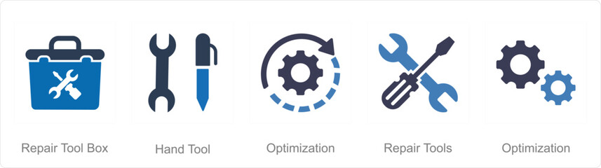 A set of 5 Mix icons as repair tool box, hand tool, optimization