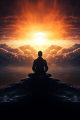 silhouette of a man meditating on a sunset background