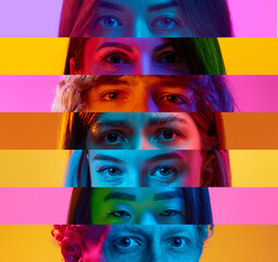 Collage. Stripes. Close-up image of male and female eyes over multicolored background in neon light. Concept of human emotions, diversity, lifestyle, facial expression