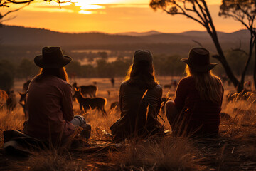 Fototapeta na wymiar Three friends sit in the countryside enjoying a serene sunset, silhouetted against a golden sky.