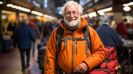 Fototapeta premium Cheerful elderly man with a backpack smiling at the camera in a busy train station, exemplifying a joyful traveling lifestyle.