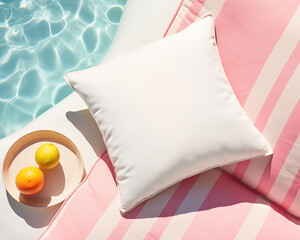 A pillow cushion mock up, pool side picnic with citrus fruit, lemon, orange, on a pink stripe background with blue glimmering water, full sunshine, summer warm holiday aesthetic