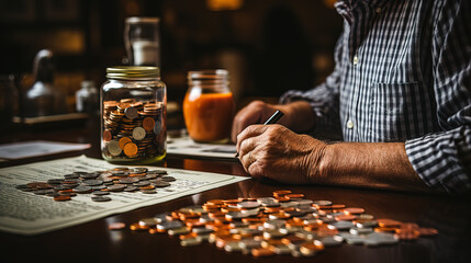 Elderly individual counting coins and managing finances at home, surrounded by a coin jar, banknotes, and a calculator. - obrazy, fototapety, plakaty
