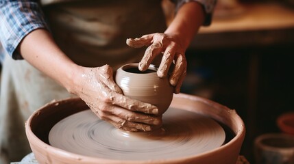 Fototapeta na wymiar Potter Crafting Ceramic Vase on Spinning Wheel in Artisan Workshop