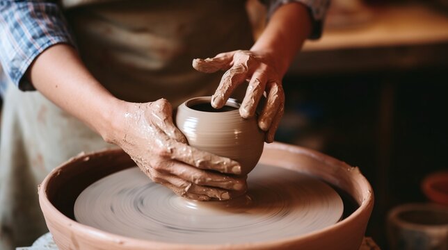 Potter Crafting Ceramic Vase on Spinning Wheel in Artisan Workshop