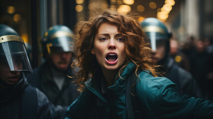 A young woman is shouting passionately during a protest with police officers in riot gear blurred in the background.