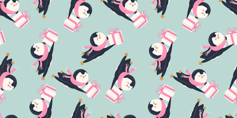 Seamless pattern with cute flying penguin with gift. Animals pattern. Penguin cartoon on winter background. Great for wrapping paper design, fabric, textile. Christmas and New Year background