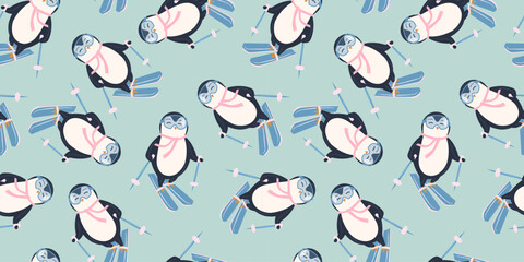 Seamless pattern with cute penguin skiing. Animals pattern. Penguin cartoon on winter background. Great for wrapping paper design, fabric, textile. Christmas and New Year background