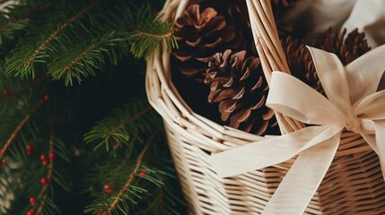 Wicker Basket Full of Pine Cones with Elegant White Ribbon Surrounded by Festive Greenery for Holiday Decor and Natural Winter Arrangement