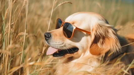 Golden retriever wearing sunglasses lying in a wheat field on a sunny day - obrazy, fototapety, plakaty